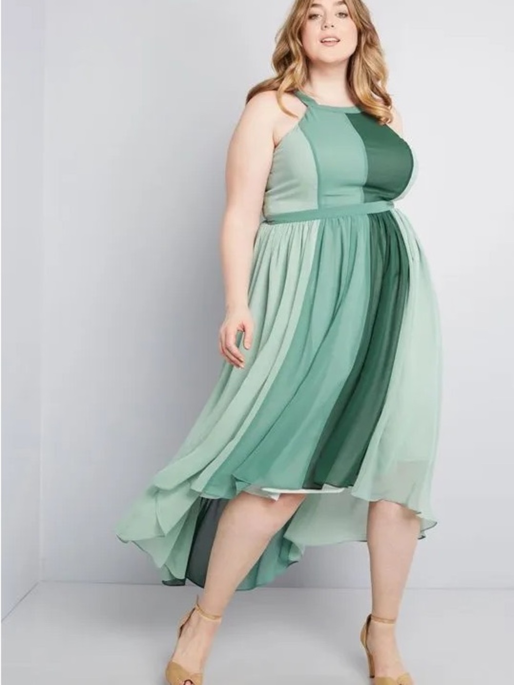 ModCloth Peach Queen Green Colorblock High Neck High Low Chiffon Dress 2X